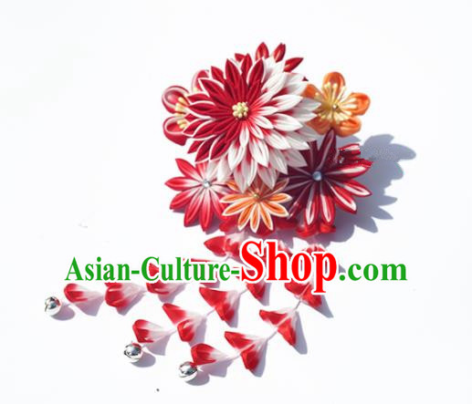 Japanese Geisha Kimono Hair Accessories Traditional Red Chrysanthemum Tassel Hair Claw Hairpins for Women