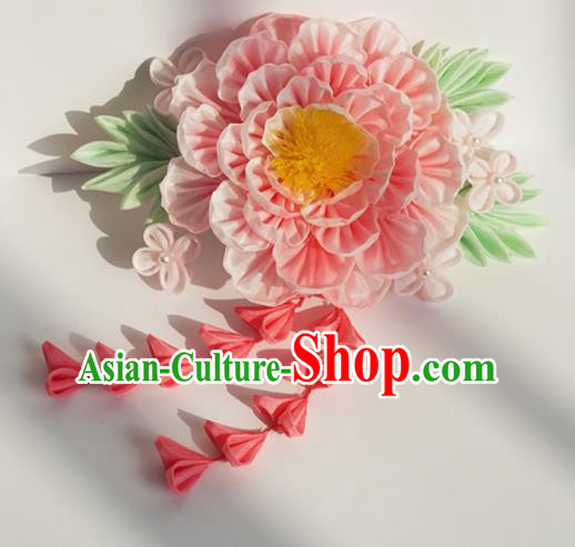 Japanese Geisha Kimono Pink Camellia Tassel Hair Claw Hairpins Traditional Hair Accessories for Women