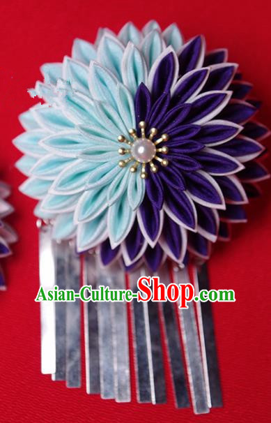 Japanese Geisha Kimono Purple and Blue Chrysanthemum Hair Claw Hairpins Traditional Yamato Hair Accessories for Women
