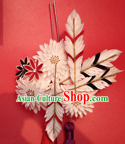 Japanese Geisha Kimono White Chrysanthemum Feather Hair Claw Hairpins Traditional Yamato Hair Accessories for Women