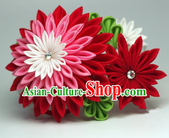 Japanese Geisha Kimono Red Chrysanthemum Hair Comb Hairpins Traditional Yamato Hair Accessories for Women