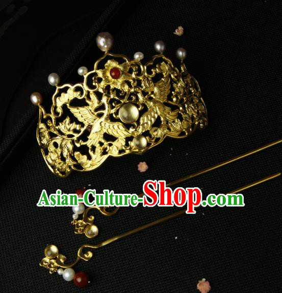 Chinese Ancient Ming Dynasty Hairpins Golden Crane Hair Crown Traditional Hanfu Hair Accessories for Women