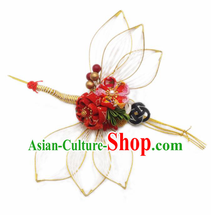Japanese Geisha Oiran Kimono Red Sakura Crane Hair Stick Hairpins Traditional Yamato Hair Accessories for Women