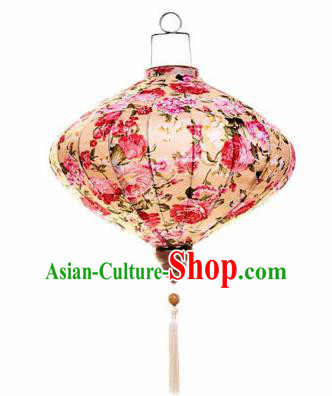 Chinese Traditional Beige Silk Hanging Lantern New Year Handmade Painting Peony Palace Lanterns