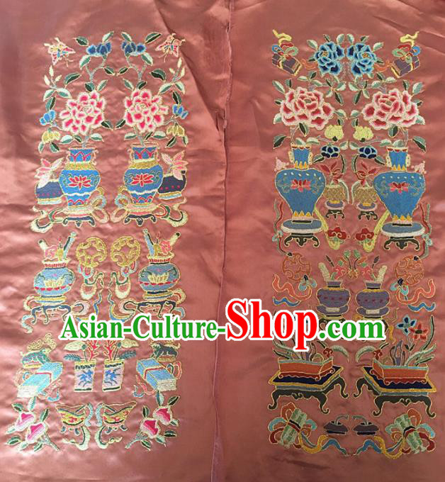 Chinese Handmade Embroidered Flowers Vase Pink Silk Fabric Patch Traditional Embroidery Craft