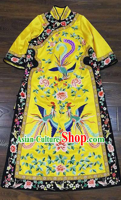 Chinese Traditional Tang Suit Embroidered Phoenix Peony Yellow Cheongsam National Costume Qipao Dress for Women