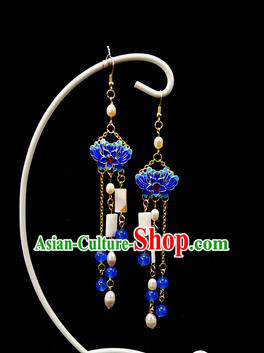 Chinese Ancient Hanfu Blueing Tassel Earrings Traditional Handmade Ear Accessories for Women