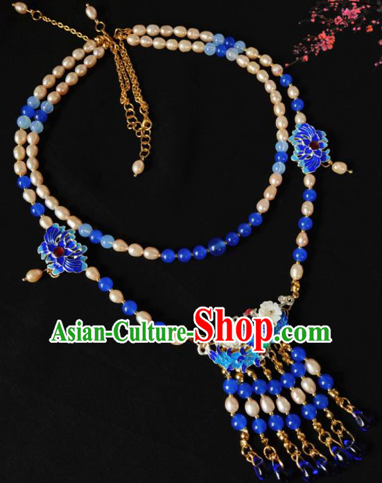 Chinese Ancient Hanfu Blueing Tassel Necklace Traditional Necklet Jewelry Accessories for Women