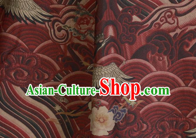 Chinese Traditional Wave Crane Pattern Design Red Satin Brocade Fabric Asian Silk Material