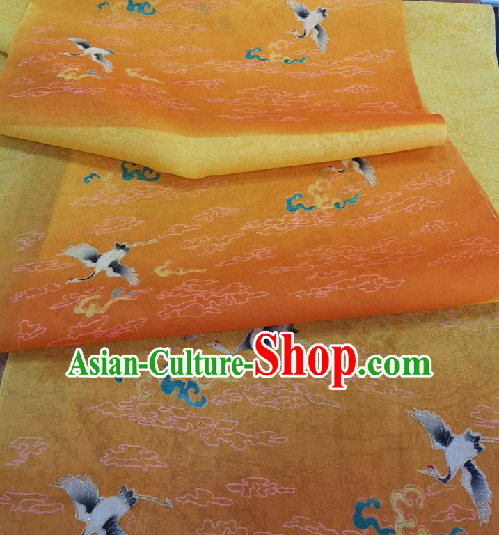 Chinese Traditional Cloud Cranes Pattern Design Orange Silk Fabric Brocade Asian Satin Material