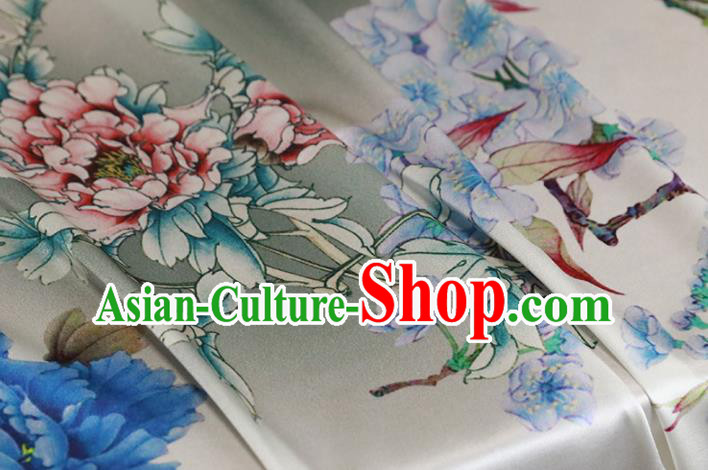 Chinese Traditional Peach Blossom Pattern Design Grey Satin Brocade Fabric Asian Silk Material