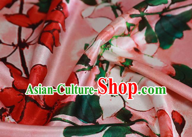Chinese Traditional Peach Blossom Pattern Design Pink Satin Brocade Fabric Asian Silk Material