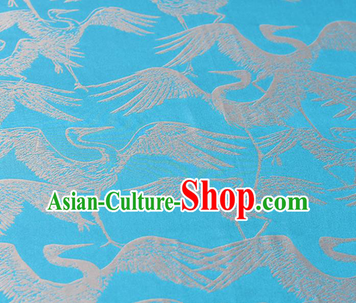 Chinese Traditional Cranes Pattern Design Cheongsam Blue Satin Brocade Fabric Asian Silk Material