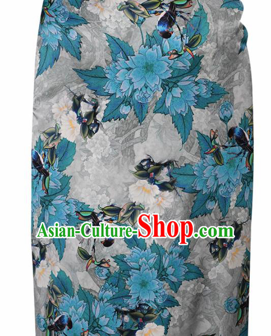 Chinese Traditional Blue Peach Blossom Pattern Design Satin Brocade Fabric Asian Silk Material