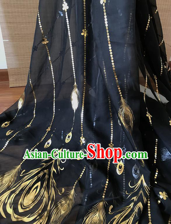 Chinese Traditional Feather Pattern Design Black Chiffon Hanfu Brocade Fabric Asian Silk Material