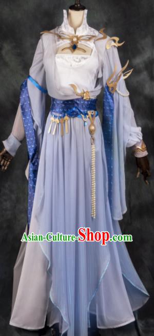 Chinese Ancient Cosplay Heroine Female Knight Gradient Blue Dress Traditional Hanfu Swordsman Costume for Women