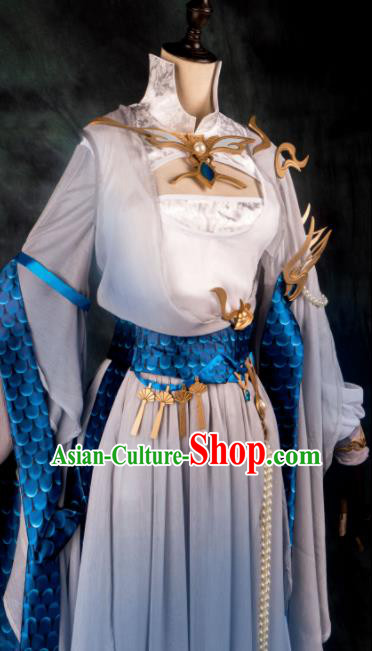 Chinese Ancient Cosplay Heroine Female Knight Gradient Blue Dress Traditional Hanfu Swordsman Costume for Women