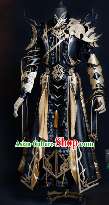 Chinese Ancient Drama Cosplay Young General Armor Knight Black Clothing Traditional Hanfu Swordsman Costume for Men