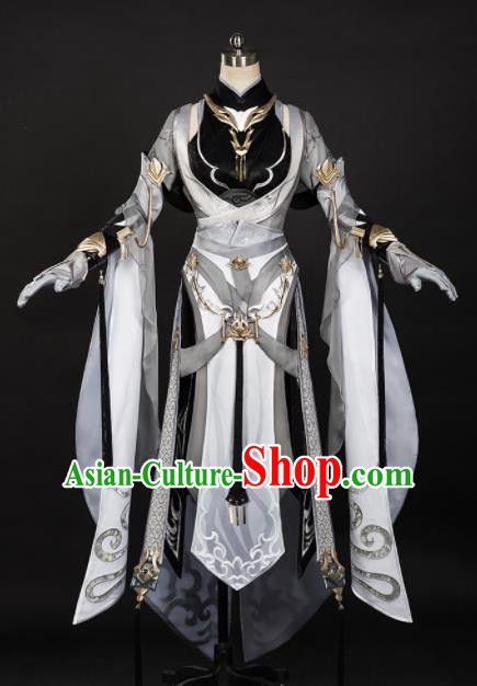 Chinese Ancient Cosplay Female Knight Heroine Grey Dress Traditional Hanfu Princess Swordsman Costume for Women