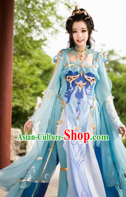 Chinese Ancient Cosplay Fairy Princess Blue Dress Traditional Hanfu Female Knight Swordsman Costume for Women