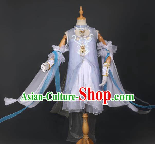 Chinese Ancient Cosplay Game Fairy Knight Light Blue Dress Traditional Hanfu Swordsman Costume for Women