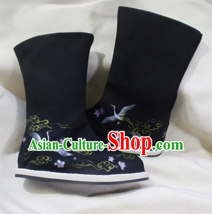 Asian Chinese Ancient Taoist Priest Embroidered Cranes Shoes Swordsman Black Boots Traditional Hanfu Shoes for Men