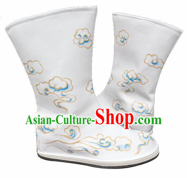 Asian Chinese Ancient Swordsman Printing Cloud White Boots Taoist Priest Shoes Traditional Hanfu Shoes for Men