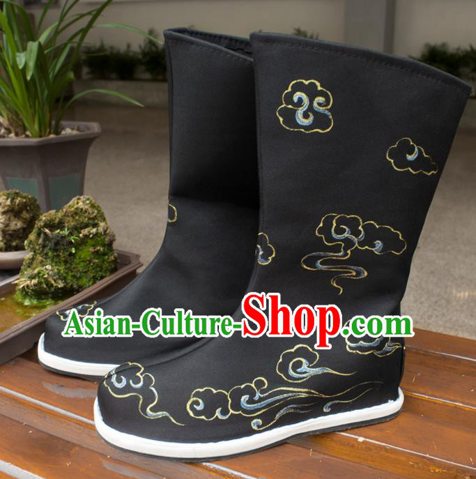 Asian Chinese Ancient Swordsman Printing Cloud Black Boots Taoist Priest Shoes Traditional Hanfu Shoes for Men