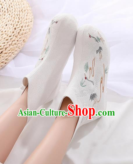 Asian Chinese Traditional Embroidered Crane White Boots Hanfu Shoes National Cloth Shoes for Women