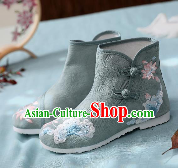 Asian Chinese Traditional Embroidered Lotus Leaf Green Boots Hanfu Shoes National Cloth Shoes for Women