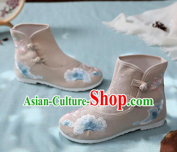 Asian Chinese Traditional Embroidered Lotus Leaf Khaki Boots Hanfu Shoes National Cloth Shoes for Women