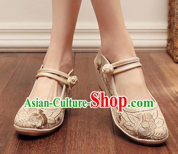 Asian Chinese Traditional Embroidered Peony Beige Shoes Hanfu Shoes National Cloth Shoes for Women