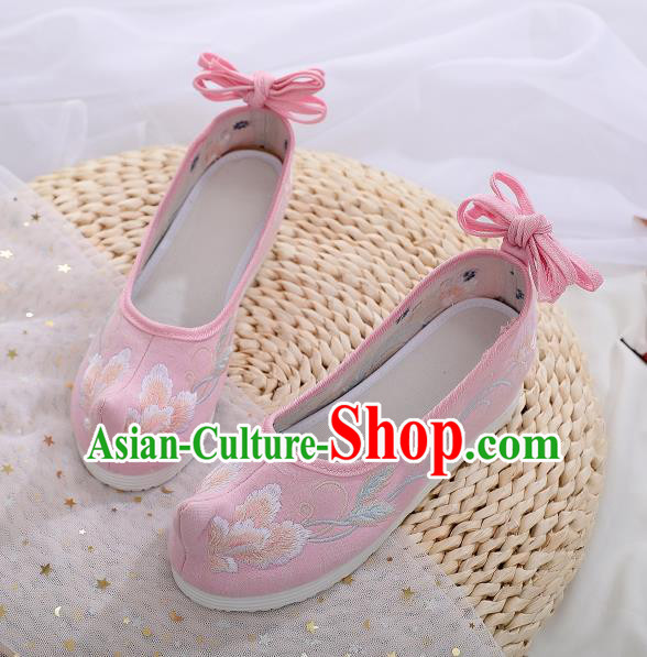 Asian Chinese Traditional Embroidered Shoes Hanfu Shoes National Pink Cloth Shoes for Women
