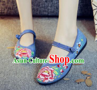 Asian Chinese Traditional Ethnic Blue Embroidered Shoes Hanfu Wedding Shoes National Cloth Shoes for Women