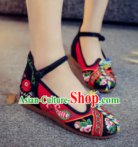 Asian Chinese Traditional Ethnic Dance Red Embroidered Shoes Hanfu Wedding Shoes National Cloth Shoes for Women