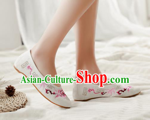 Asian Chinese Classical Dance Embroidered Peony White Shoes Traditional Hanfu Shoes National Cloth Shoes for Women