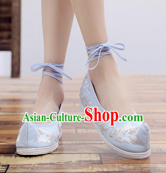 Asian Chinese National Cloth Shoes Blue Embroidered Camellia Dance Shoes Traditional Hanfu Shoes for Women