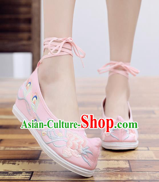 Asian Chinese National Dance Pink Cloth Shoes Embroidered Peony Shoes Traditional Hanfu Shoes for Women