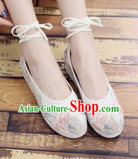 Asian Chinese National Dance Beige Cloth Shoes Embroidered Peony Shoes Traditional Hanfu Shoes for Women
