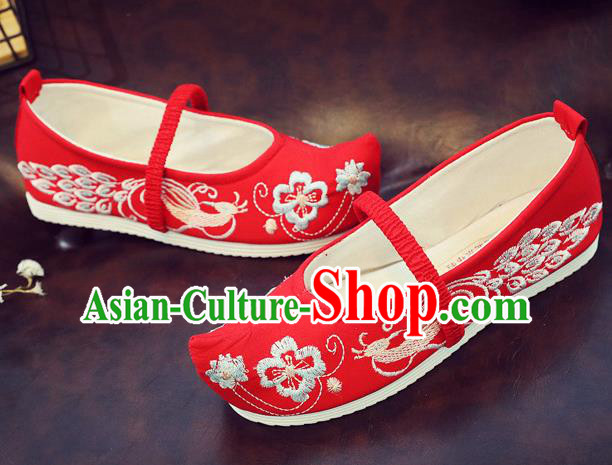 Asian Chinese Traditional Embroidered Peacock Red Shoes Hanfu Shoes National Cloth Shoes for Kids