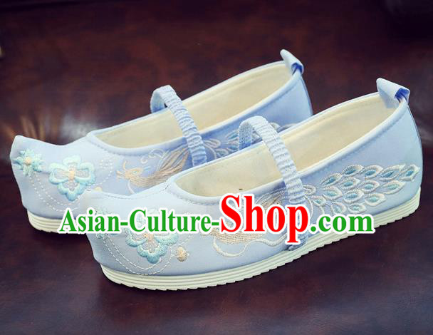 Asian Chinese Traditional Embroidered Peacock Blue Shoes Hanfu Shoes National Cloth Shoes for Kids
