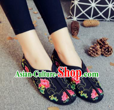 Asian Chinese Traditional Embroidered Peony Black Shoes Hanfu Wedding Shoes National Cloth Shoes for Women