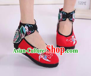 Asian Chinese National Embroidered Butterfly Red Cloth Shoes Classical Dance Shoes Traditional Hanfu Shoes for Women