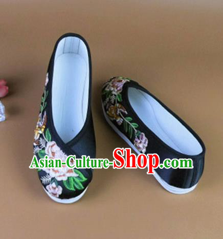 Asian Chinese National Embroidered Peony Black Shoes Ancient Princess Satin Shoes Traditional Hanfu Shoes for Women