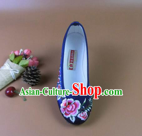 Asian Chinese National Royalblue Embroidered Peony Shoes Ancient Princess Satin Shoes Traditional Hanfu Shoes for Women