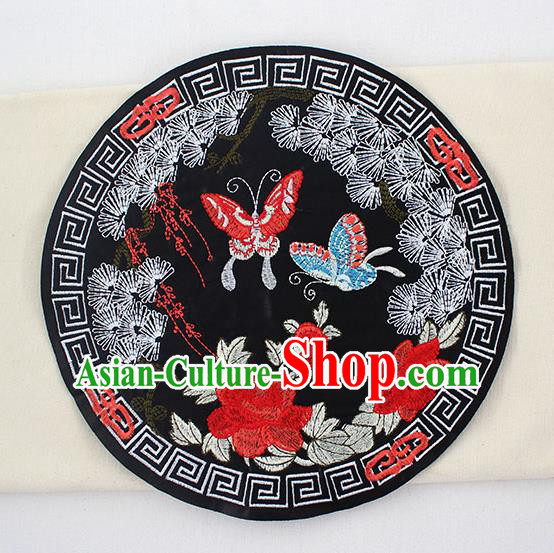 Chinese Ancient Handmade Embroidered Butterfly Peony Black Patch Traditional Embroidery Appliqu Craft for Women
