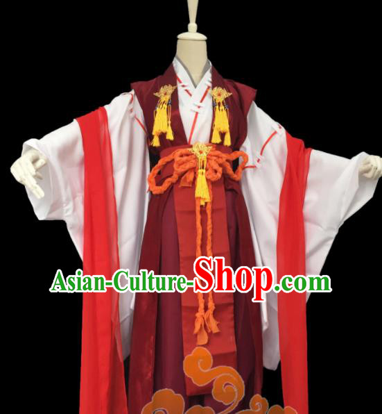 Custom Chinese Ancient Cosplay Taoist Priest Swordsman Purplish Red Clothing Traditional Royal Highness Costume for Men