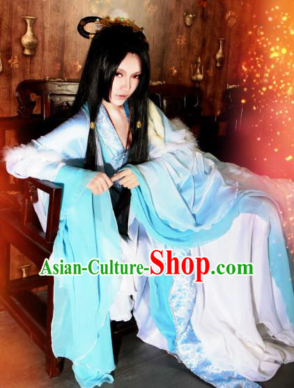 Traditional Chinese Cosplay Court Imperial Consort Blue Dress Ancient Fairy Swordswoman Costume for Women