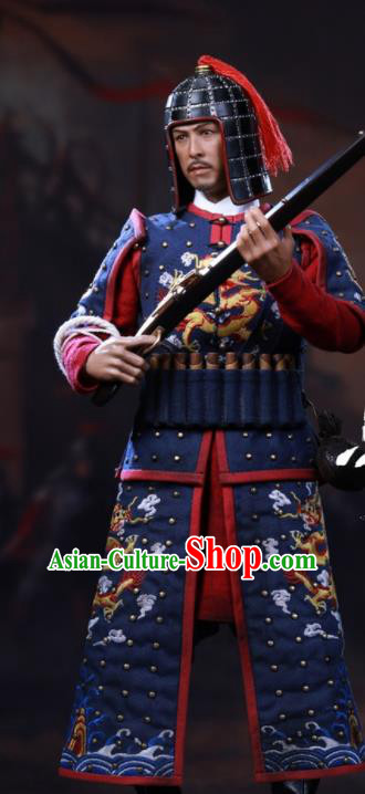 Chinese Ancient Cosplay Manchu General Navy Armor and Helmet Traditional Qing Dynasty Military Officer Costumes Complete Set for Men