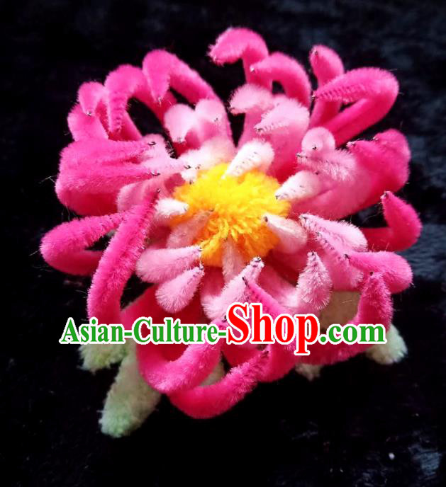 Handmade Chinese Ancient Qing Dynasty Rosy Velvet Chrysanthemum Hairpins Traditional Court Hanfu Hair Accessories for Women